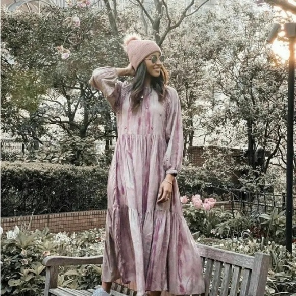 ZARA Embroidered Beaded Tie Dye Dusky Pink Boho Maxi Tiered Dress Sz M NEW - Picture 2 of 15